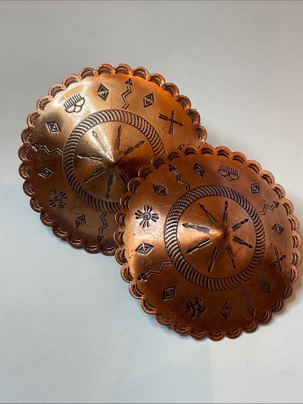 Vintage Southwestern Copper Button/Pendent With Stamped Petroglyph Designs